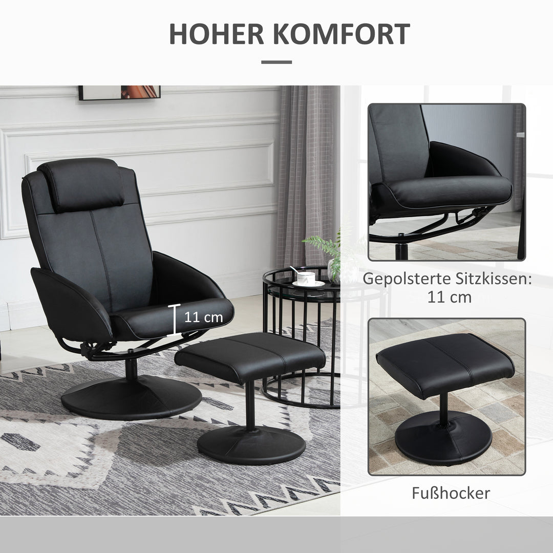 Lænestol med fodskammel, betræk i kunstlæder, lænestol, ergonomisk design, sort