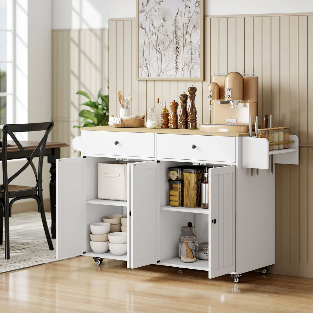 Køkkenø med rullebord, 2 skuffer, 2 skabe, flytbar, krydderiring, håndklædeholder, knivhylde, MDF, hvid
