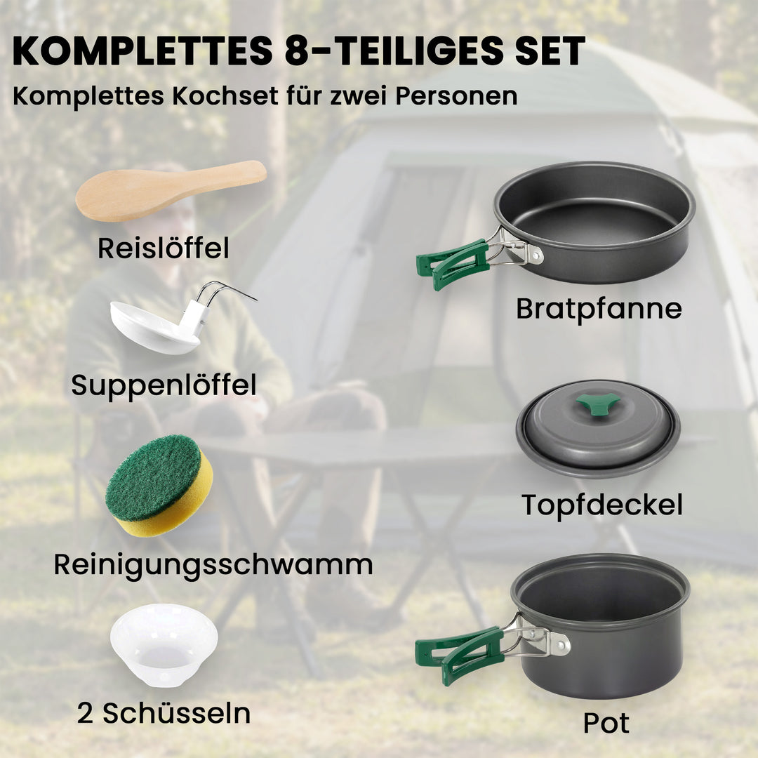 Campingkøkkensæt, 8-delt udendørs køkkensæt med skoldningssikre håndtag, hurtigopvarmende gryde og pande, grå