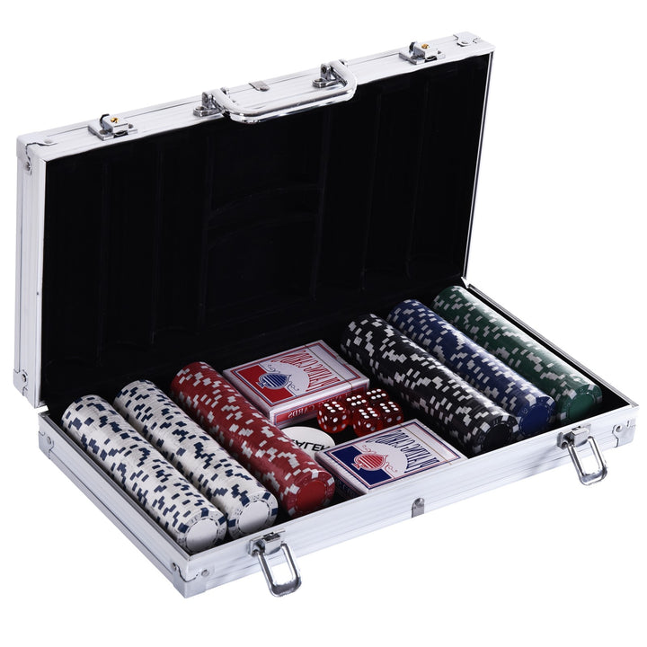 Pokerkasse låsbart pokersæt med etui 300 chips 5 terninger 2 kortspil tilbehør, pokerchips komplet sæt pokerspil kortspil aluminium etui til texas hold'em, blackjack