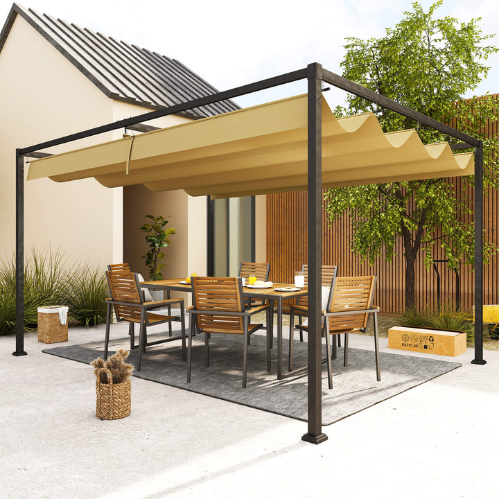 Pergola, robust solsejl til have, altan, terrasse, lavet af metal og plastik, UV- og vandafvisende, khaki