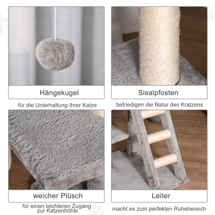 Kradsetræ 120 cm kattetårn med hule, legebold, sisalstolper, platform, trappe, kradsetræ i flere niveauer til katte, klatretræ til katte, lysegrå