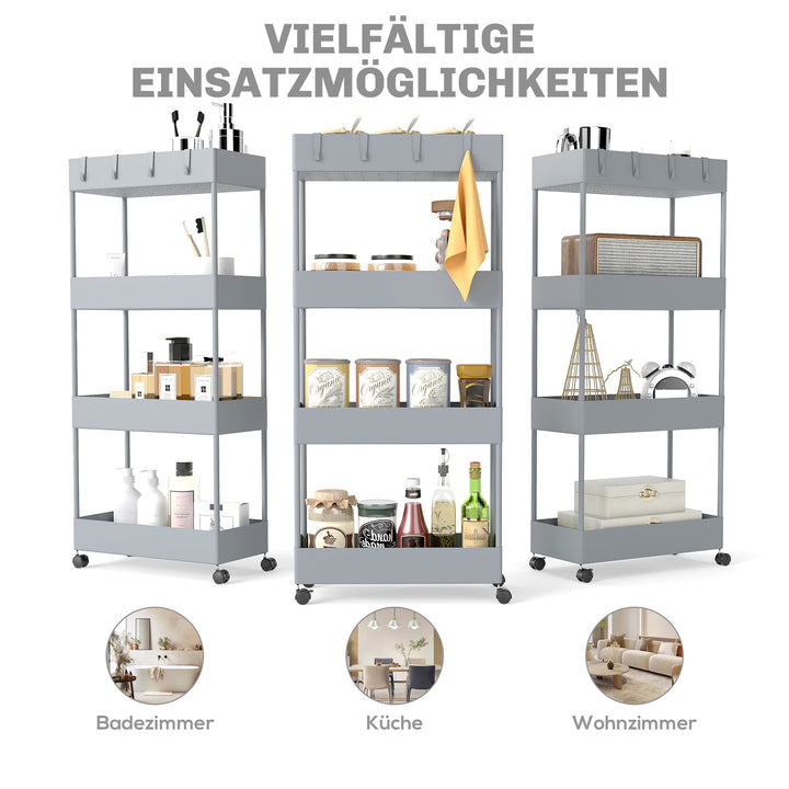 Køkkenvogn med 4 hylder, 4 fleksible kroge, 4 hjul, 40 cm x 19 cm x 90 cm, nichevogn, grå