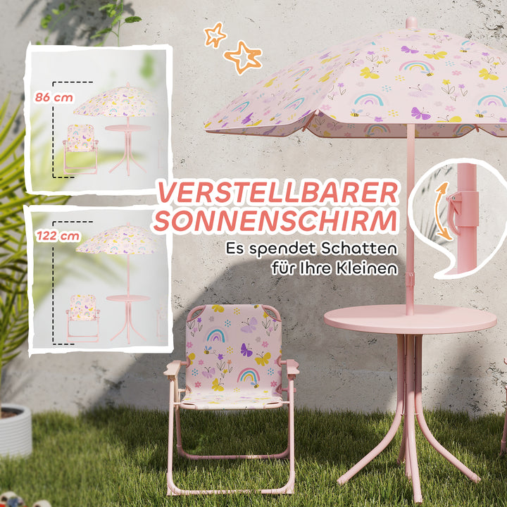 Børnesiddeområde, klapstolsæt med parasol, farverigt mønster, lyserød