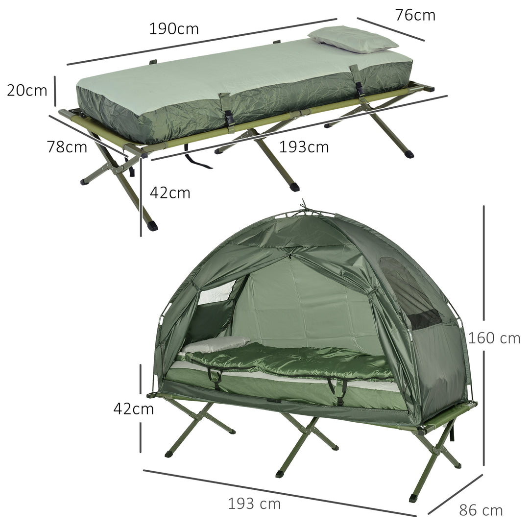 Campingteltsæt med tremmeseng, sovepose og madras, mørkegrøn