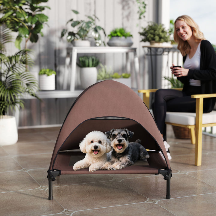 Udendørs hundeseng med tag, hævet hundeseng til mellemstore hunde, 76 x 61 x 71 cm, kaffe
