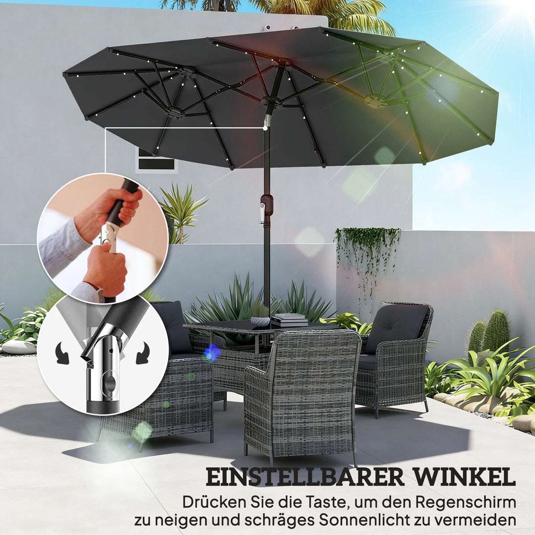 Dobbelt parasol, terrasseparasol, vipbar, med solpanel, 35 LED'er, stålramme, grå, 2,92 x 1,50 x 2,18 m