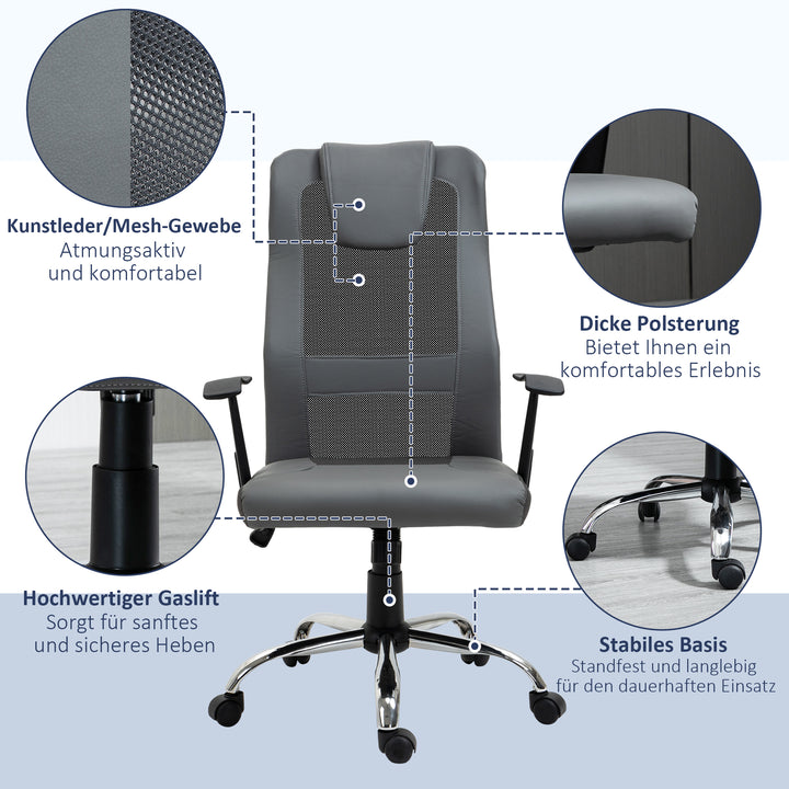 Kontorstol, drejestol, højdejusterbar chefstol, ergonomisk skrivebordsstol, kunstlæder, grå, 66 x 73 x 108-118 cm