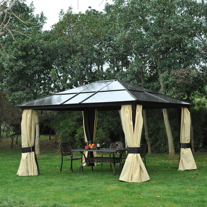 Havepavillon med hårdt tag 4,2 x 3,6 m, gardiner med fluenet, aluminiumsramme, brun+creme