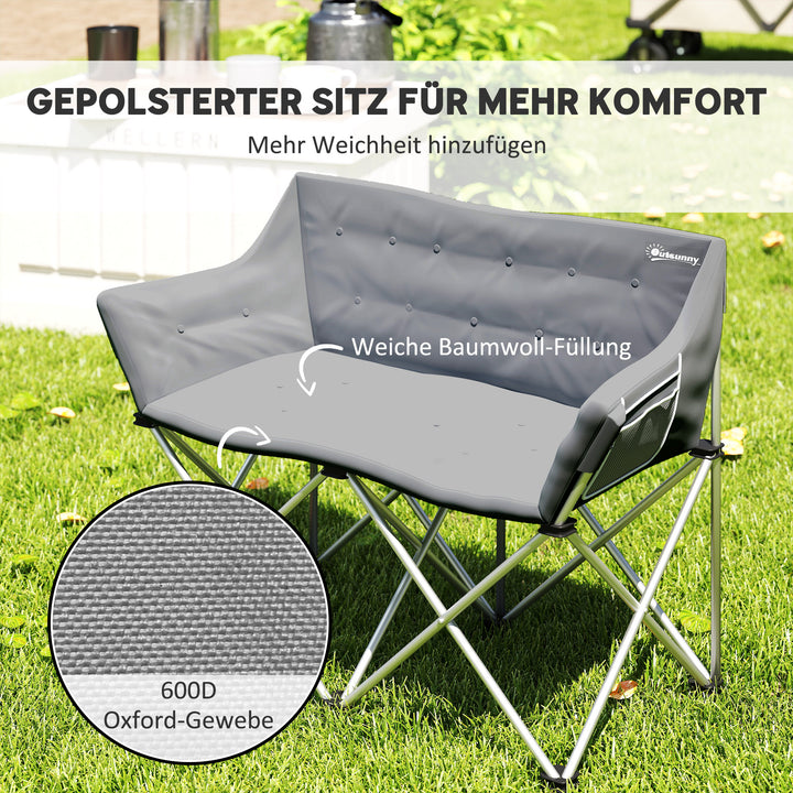 Klapstol 2-personers foldbar campingstol med armlæn sidelomme op til 240 kg lasteevne grå