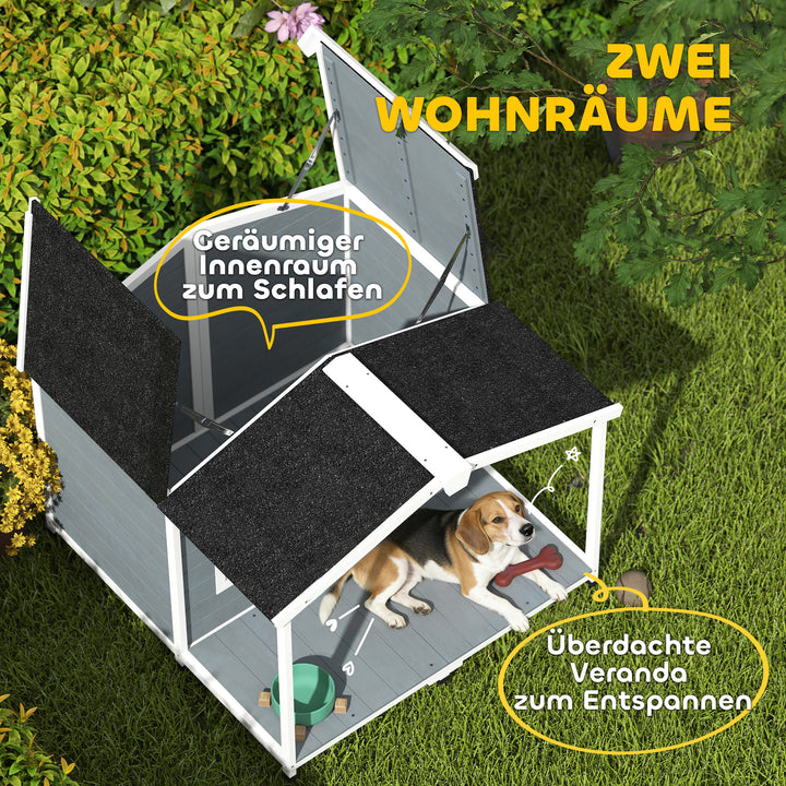 Vejrbestandigt hævet træhundehus med asfalttag og terrasse, til mellemstore hunde, 103x107x83,5cm, grå