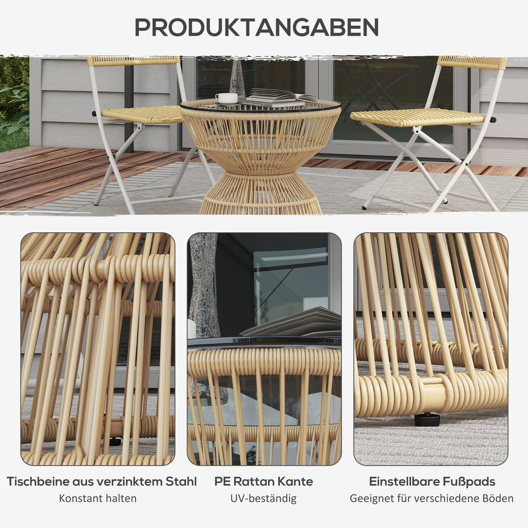Udendørs sidebord, havebord, rattan sidebord, glasplade, PE-rattan, 60 cm x 60 cm x 50 cm, naturlig