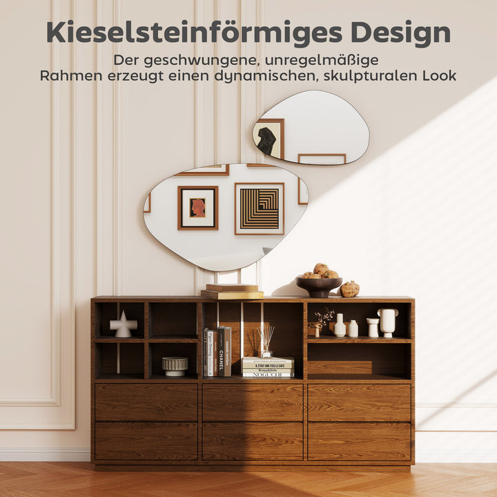 Vægspejlsæt med 2, 70 x 46 cm, 49,5 x 31 cm, vinduesspejl med metalramme, hængende spejl i stenform, sort