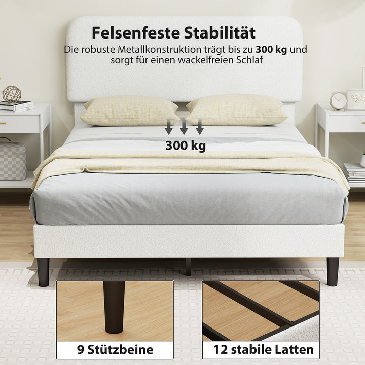 Seng 140x200 cm sengestel med justerbar, polstret hovedgærde i teddyfleece, nem montering, hvid
