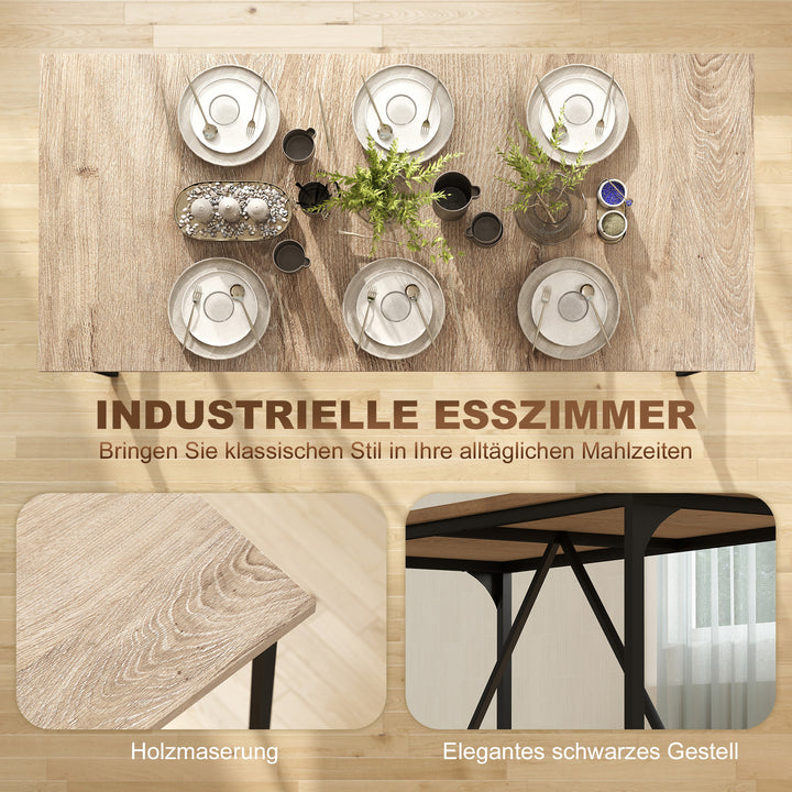 Spisebord til 6-8 personer. Moderne rektangulært køkkenbord med trælook, 180 x 80 x 75,5 cm, naturfarvet.