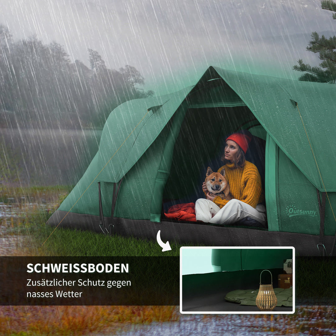 Campingtelt til 5-6 personer, familietelt, lampekroge, sidelommer, 4,55x2,3x1,8m, grøn/sort