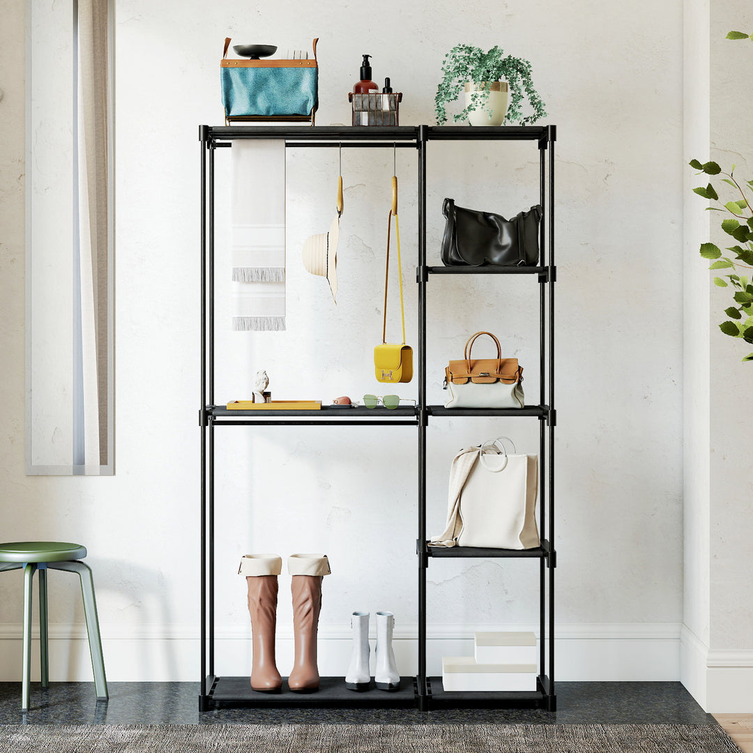 Stofgarderobe med bøjlestang og hylder, til soveværelse eller påklædningsværelse, 111 x 43 x 185 cm, sort