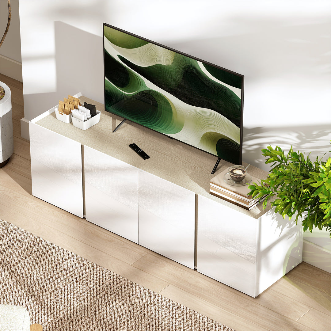 Tv-bord til 65-tommer, tv-skab med soft-close-døre, justerbare hylder, kabelhuller, til stue, hvid