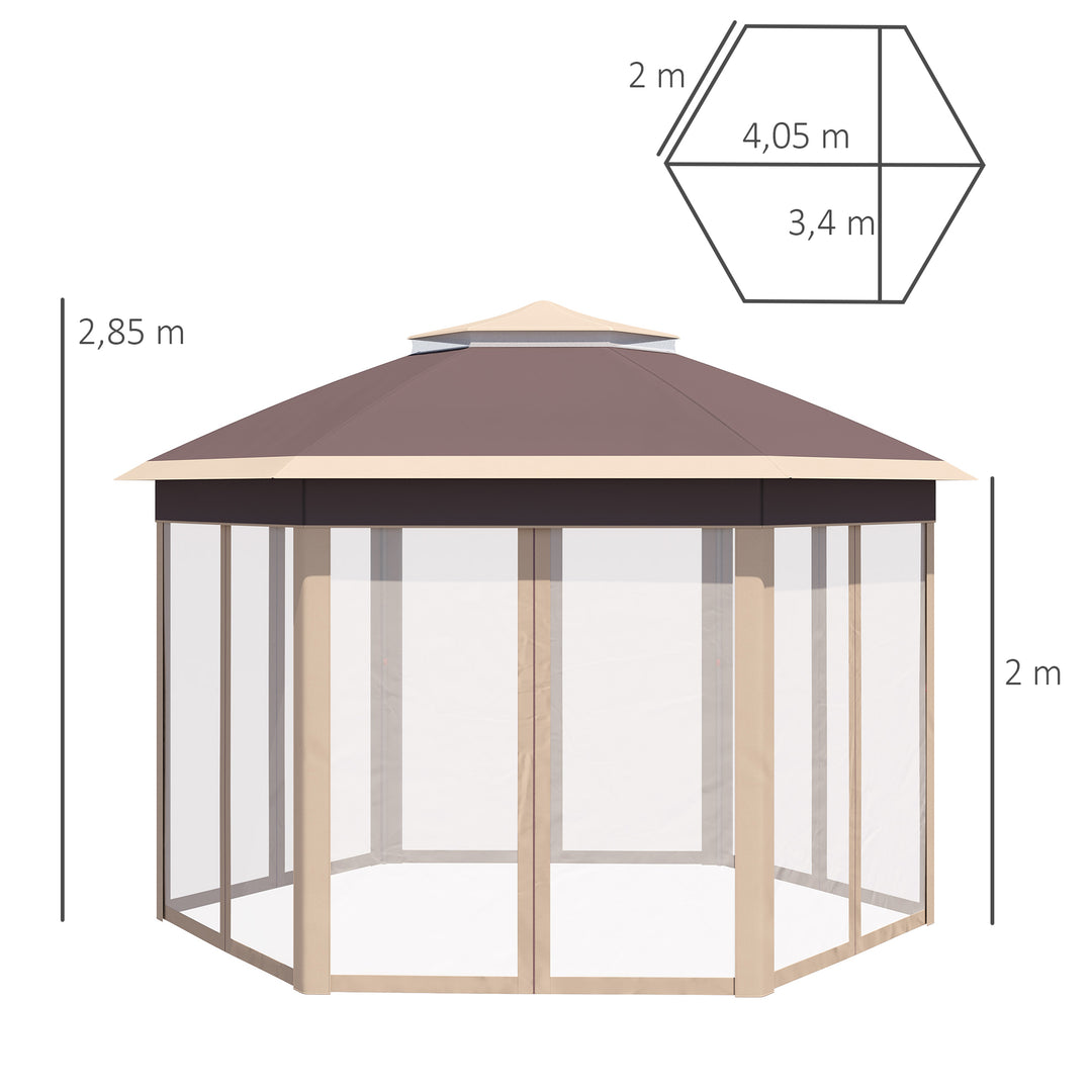 Havepavillon, foldbar pavillon, 4 x 4 m pop-up telt, partytelt inklusive bæretaske, 6 sidepaneler, dobbelt tag, sekskantet, khaki