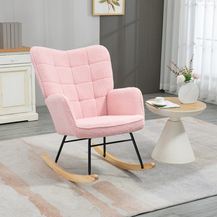 Retro gyngestol, massivt træ, lænestol, afslappende lænestol, 98 cm x 71 cm x 101 cm, lyserød