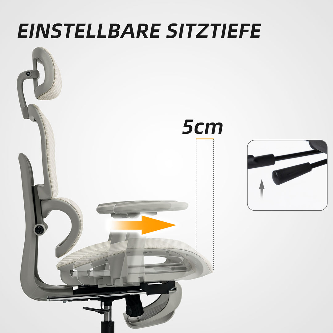 Kontorstol, ergonomisk skrivebordsstol med betræk af netstof, justerbar, hjul, med armlæn og nakkestøtte, beige