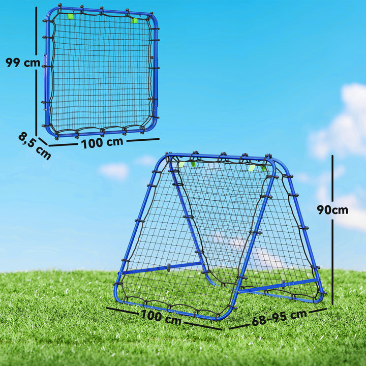 Dobbeltsidet rebounder til fodbold, justerbar reboundvæg med 5 vinkelpositioner, 100 x 68-95 cm kickback-mål til ungdom, reboundvæg til håndboldtræning, blå