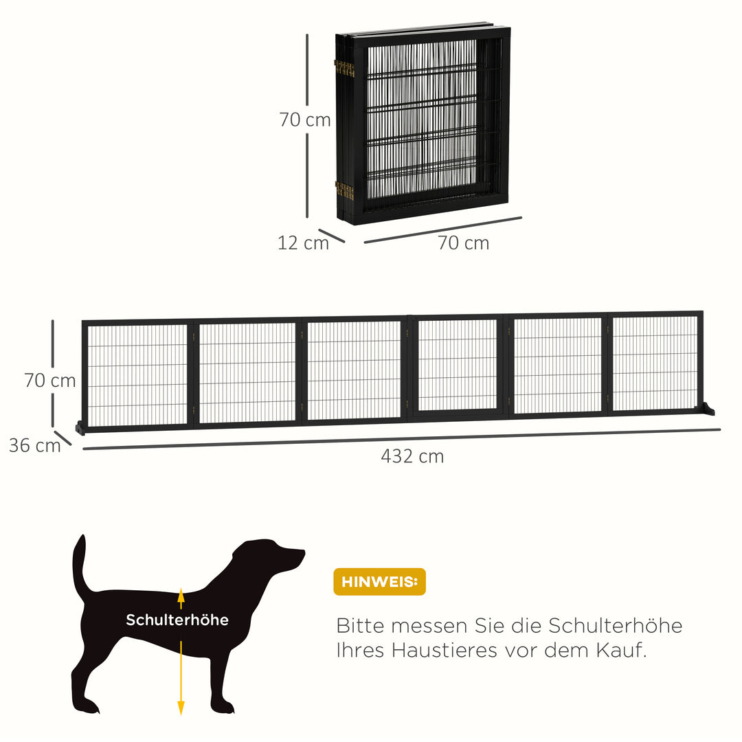 Hundegitter, sammenklappelig, 432 x 36 x 70 cm, fyrretræ, sort