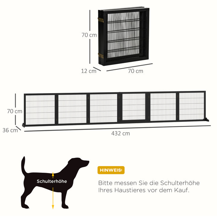 Hundegitter, sammenklappelig, 432 x 36 x 70 cm, fyrretræ, sort