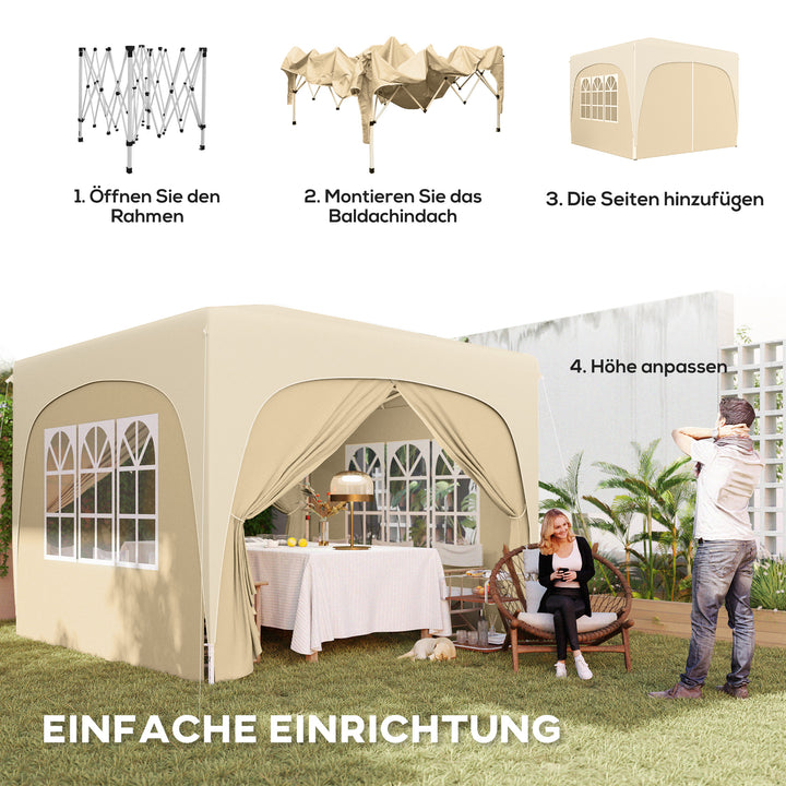 3 x 3 m pavillon, pop-up havetelt med sidevægge og bæretaske, UPF50+, højdejusterbar, sand