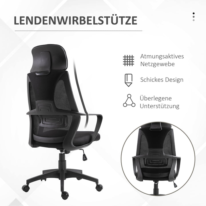 Kontorstol, skrivebordsstol med vippefunktion, højdejusterbar med nakkestøtte, lændestøtte, sort