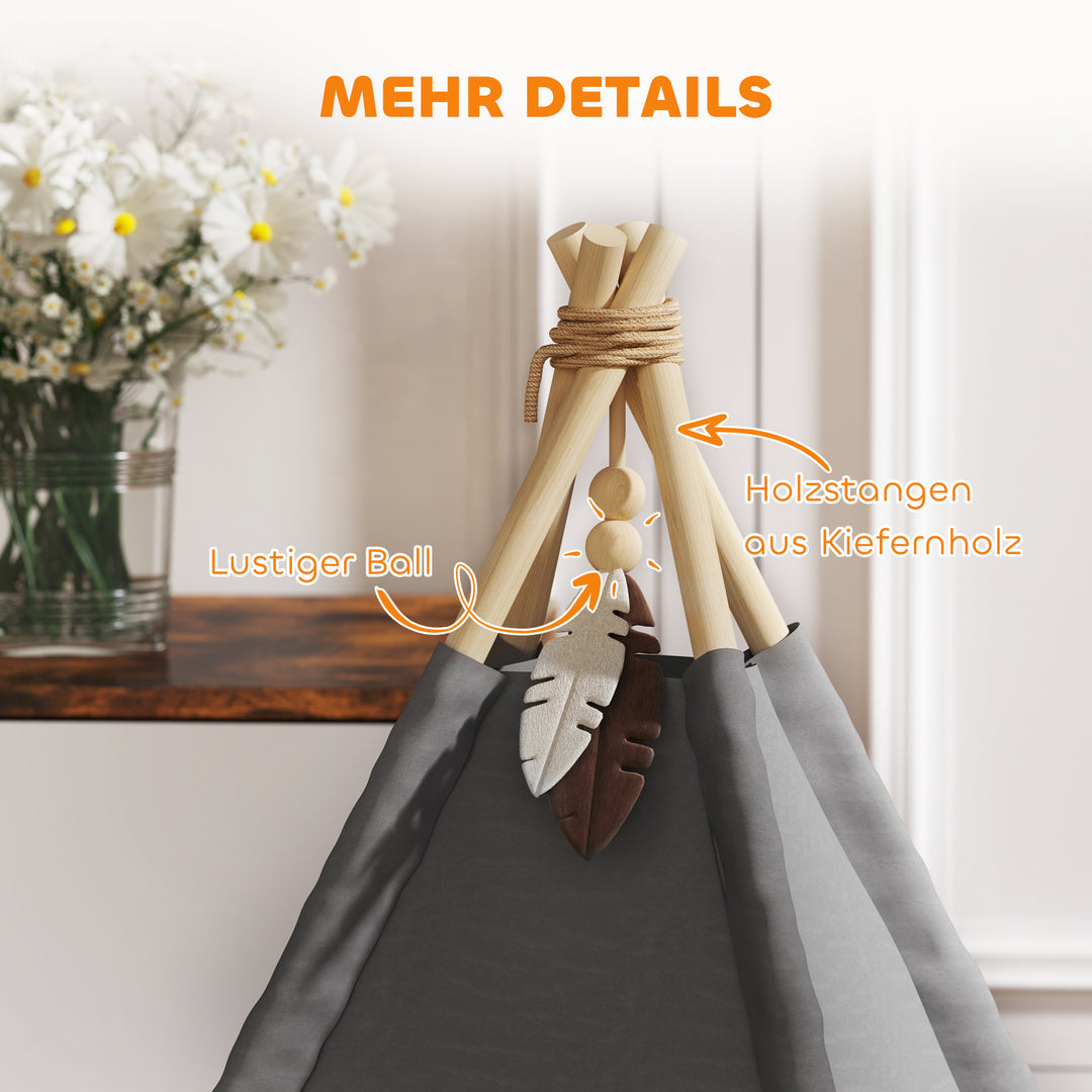 Kæledyrstipetelt, kæledyrsseng i tipi-design, kattetelt med pude, hundeseng til at sove i, katteseng, grå