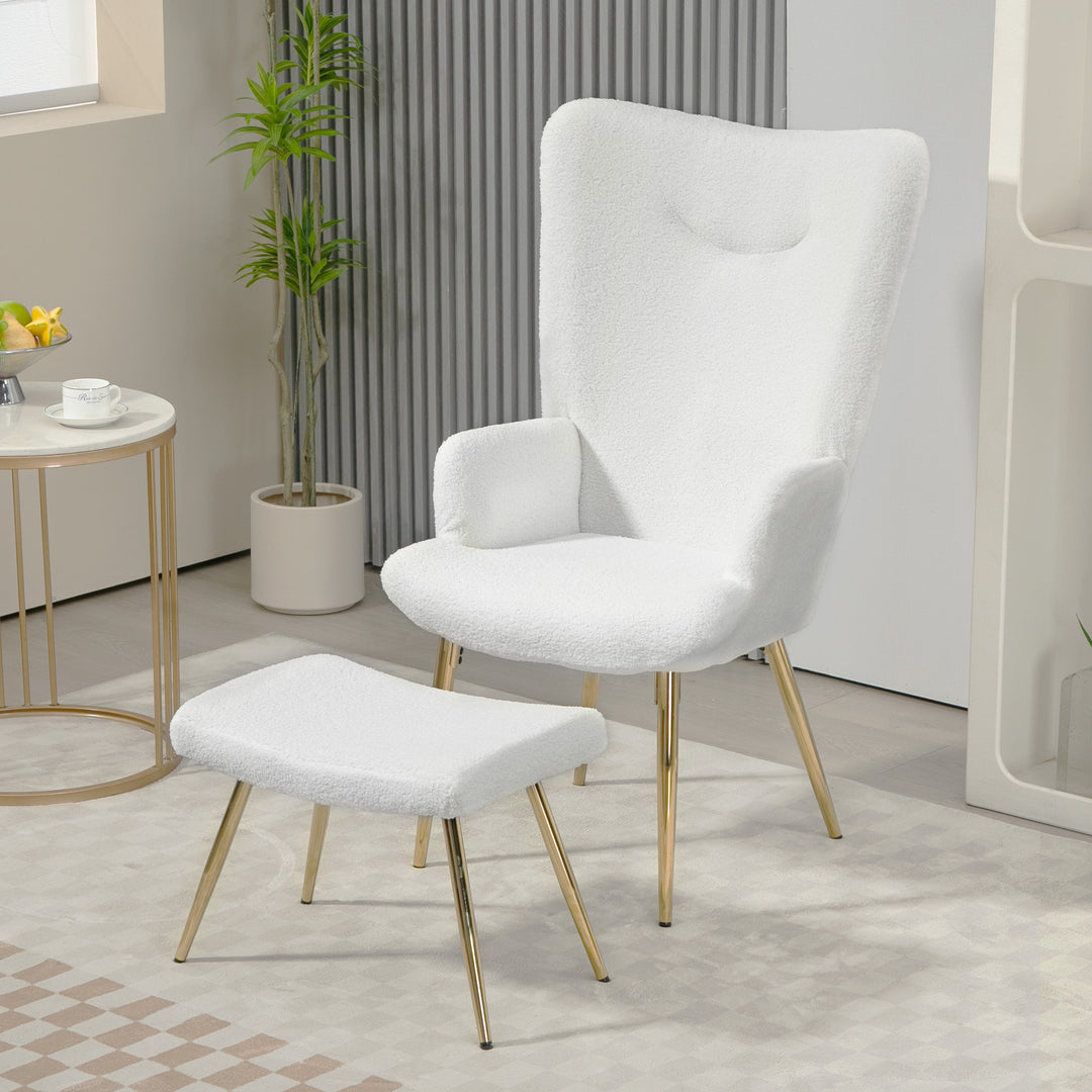 Wingback-stol med fodskammel, høj ryg, sherpabetræk, forgyldte metalben, op til 120 kg, hvid