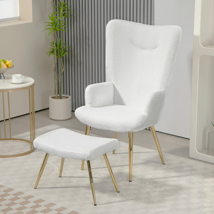 Wingback-stol med fodskammel, høj ryg, sherpabetræk, forgyldte metalben, op til 120 kg, hvid