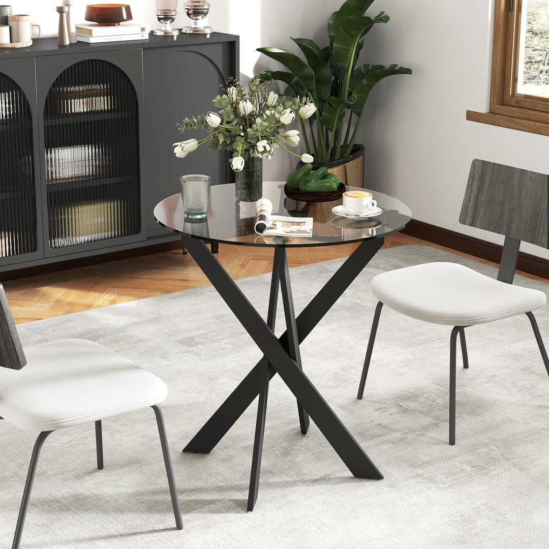 Moderne glas spisebord, 70 cm diameter, køkkenbord med hærdet glasplade og metalben, til 4 personer