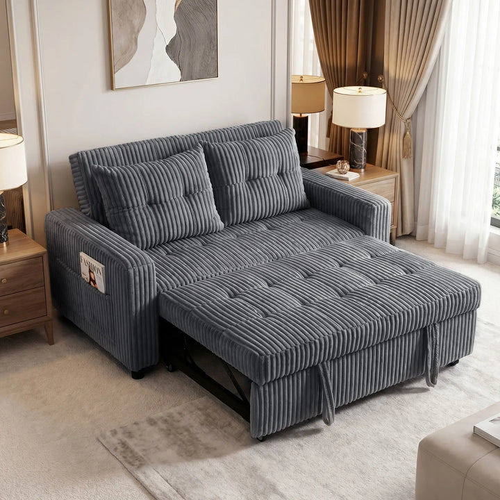 2-personers sovesofa i fløjl, omdannes nemt til seng, inkl. 2 puder og sidelommer, 157 x 190 cm, mørkegrå