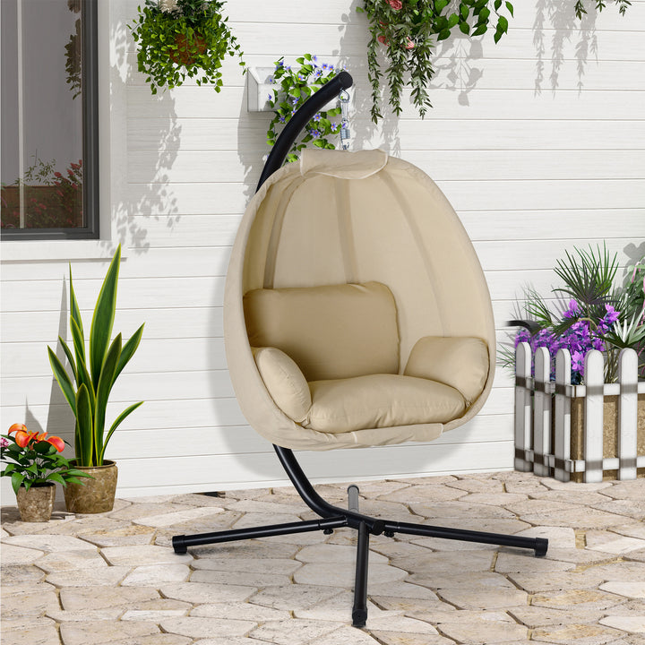 Hængestol, ægformet gyngesæde med blød hynde, egnet til indendørs og udendørs brug, 125l x 95b x 170h cm, khaki