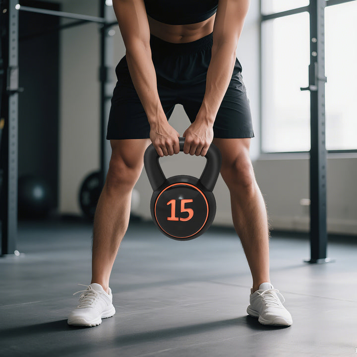 Kettlebell-sæt, 3 kettlebells 2,2 kg/4,5 kg/6,8 kg, plastikhus, sort