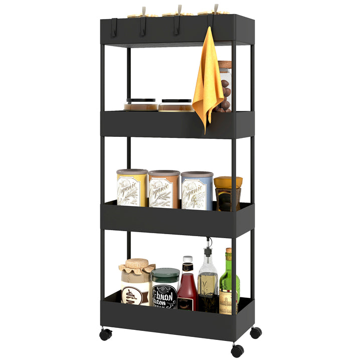 Køkkenvogn med 4 hylder, 4 fleksible kroge, 4 hjul, 40 cm x 19 cm x 90 cm, nichevogn, sort