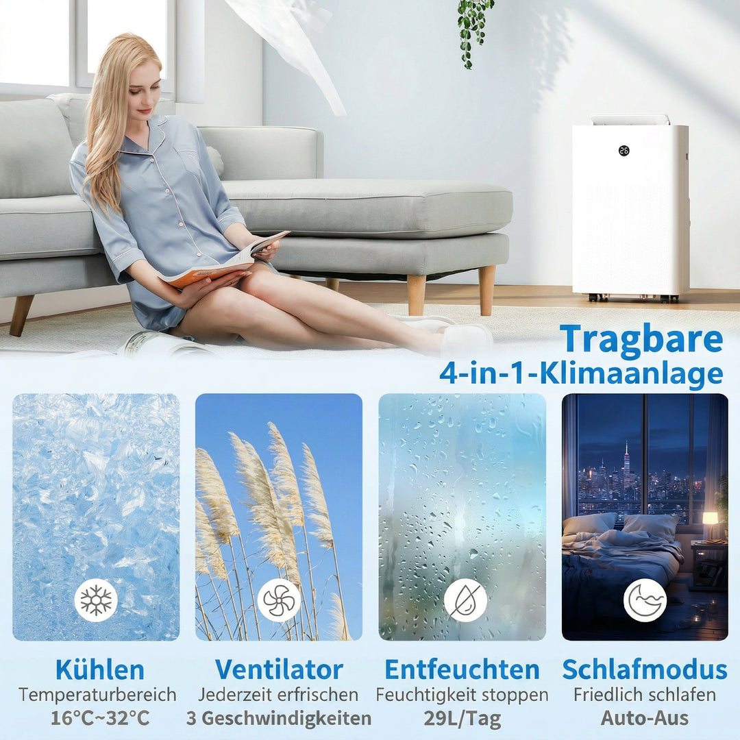 Bærbart klimaanlæg med 12.000 BTU, 4-i-1 klimaanlæg med WiFi og stemmestyring, køling, affugter, ventilator, dvaletilstand
