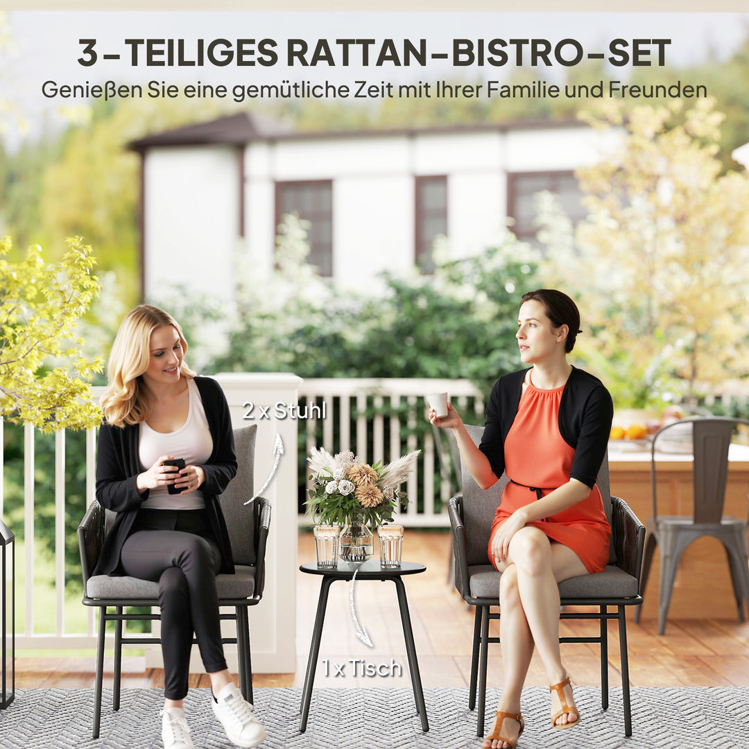 3-Delt havemøbelsæt, 2 stole, 1 bord, bistrosæt, kunstrattan, stålstel, metalbord, 4 hynder, grå
