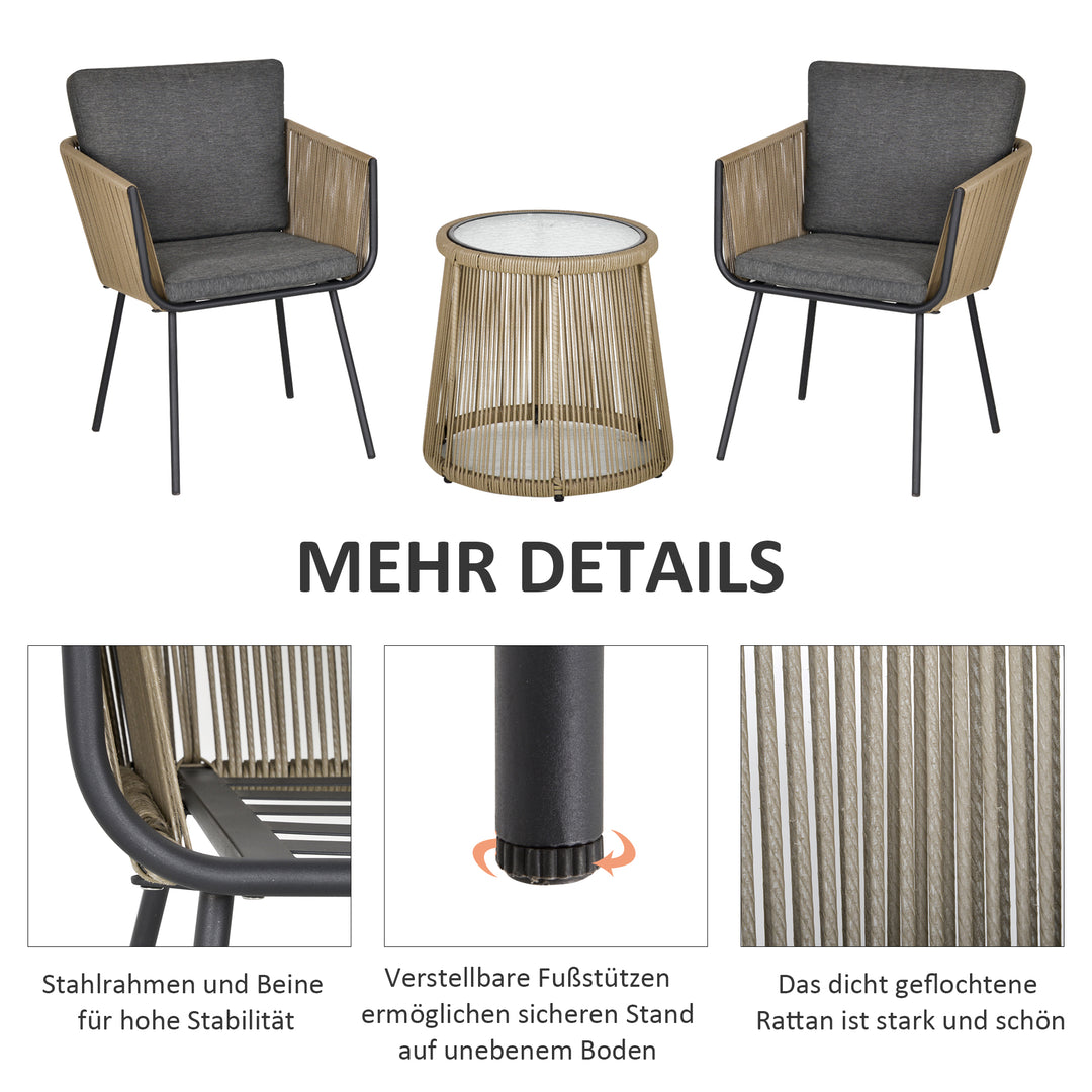 3-delt siddesæt, 2 stole, sidebord, sæde- og ryghynder, bordplade af hærdet glas, syntetisk rattan, grå