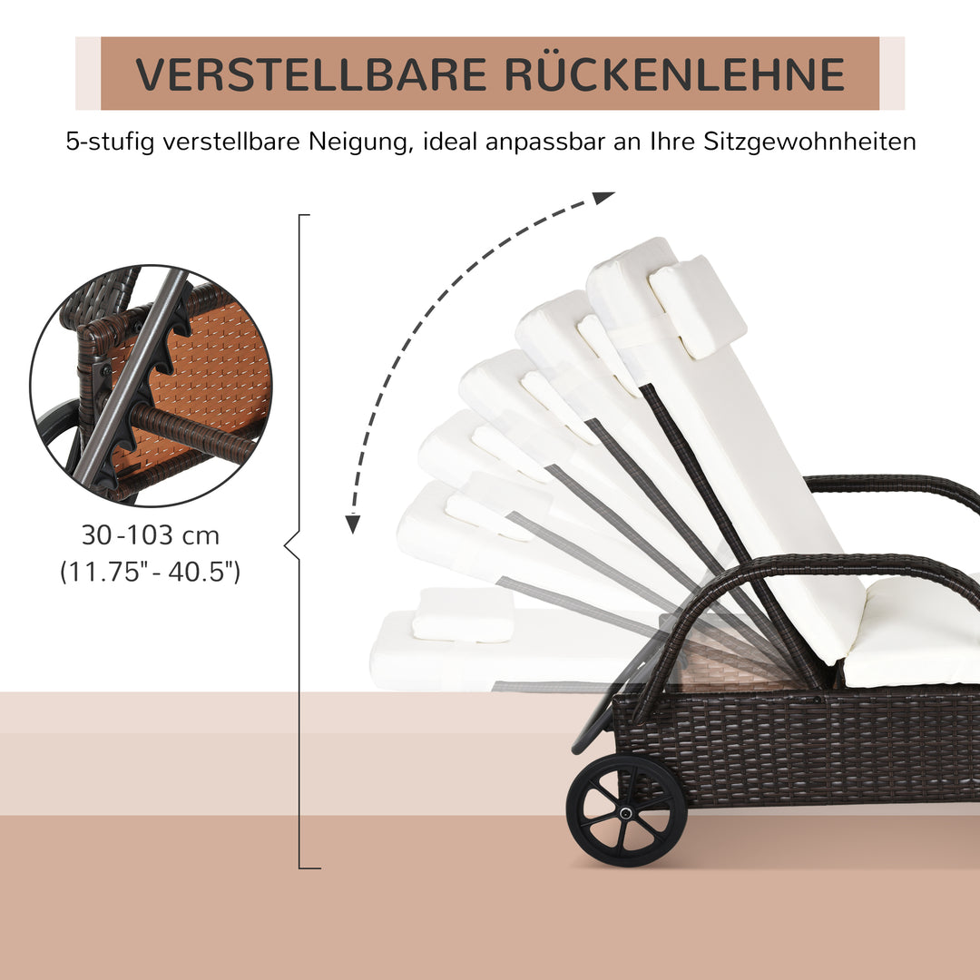 Havestol med hynde, justerbar ryglæn, metalstel, polyrattan, brun+creme, 200 x 73 x 103 cm