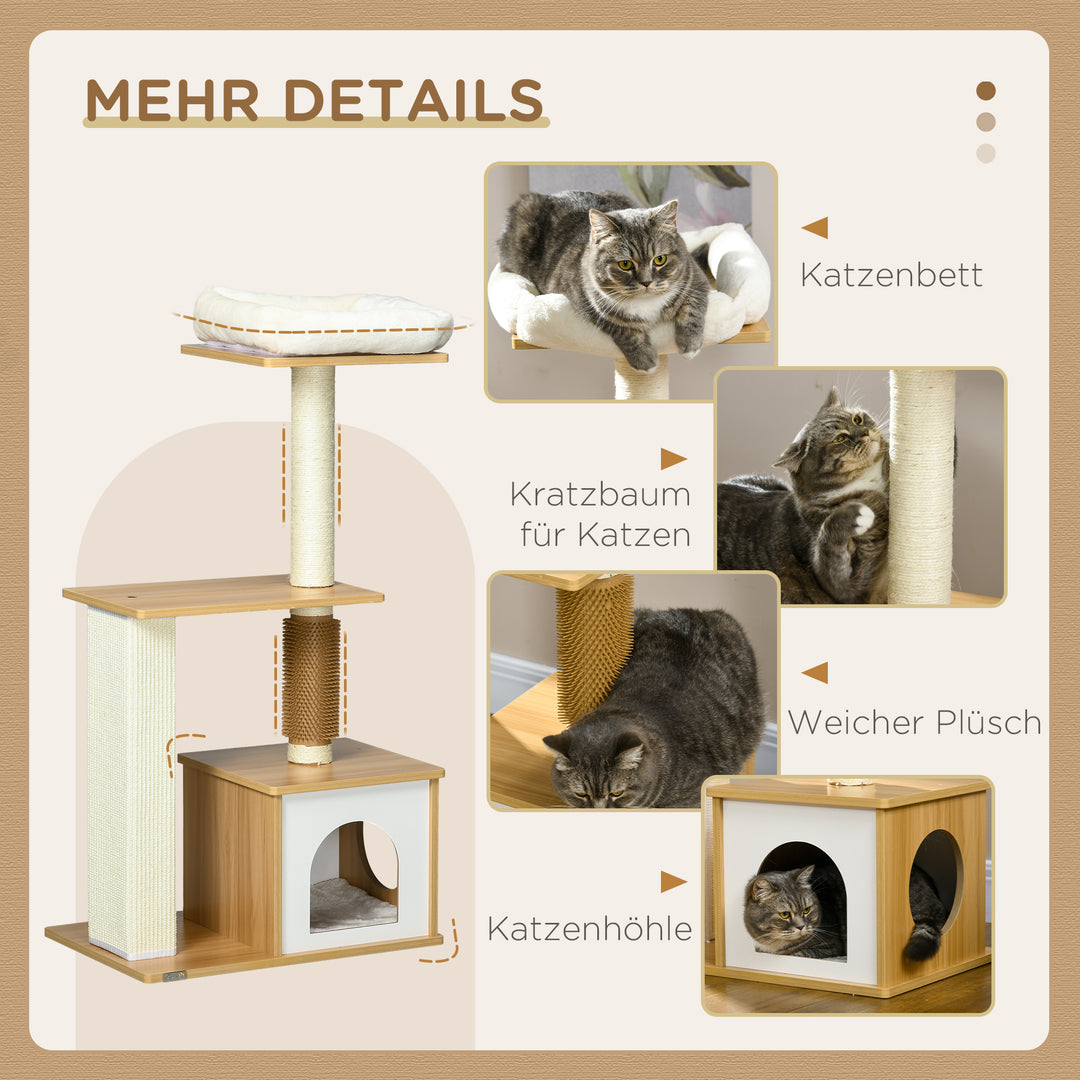 Kradsetræ med kattehule, 1 katteseng, 1 liggeflade, 59,5 cm x 39,5 cm x 114 cm, brun + hvid