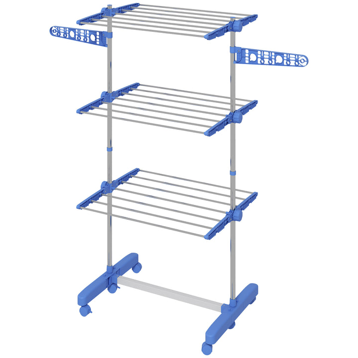 Tørrestativ. 4 niveauer, foldbar, et-klik-system, 142 cm x 55 cm x 152 cm, blå + sølv