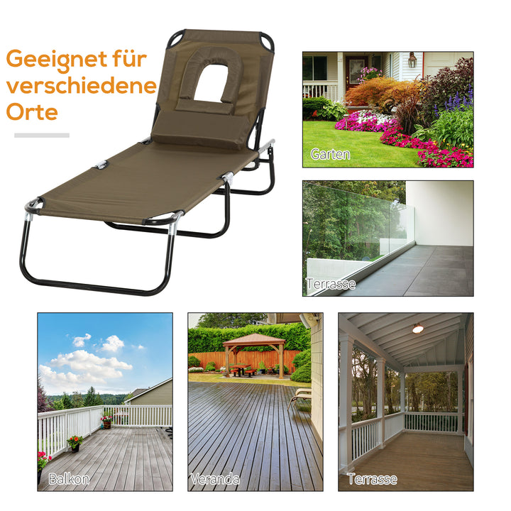 Sammenklappelig liggestol, haveliggestol med nakkestøtte, liggestol med 4-positions justerbar ryglæn, campingliggestol med ansigtsåbning, lasteevne op til 120 kg, til have, balkon og pool, brun