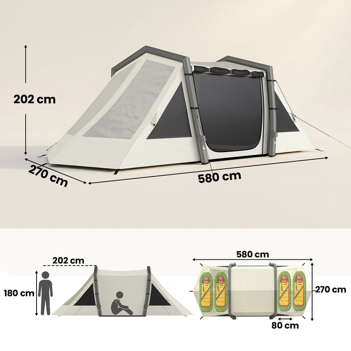 Oppusteligt telt til 4 personer, hurtig opsætning, udendørs telt til camping med 2 soveværelser, forhal og vinduer