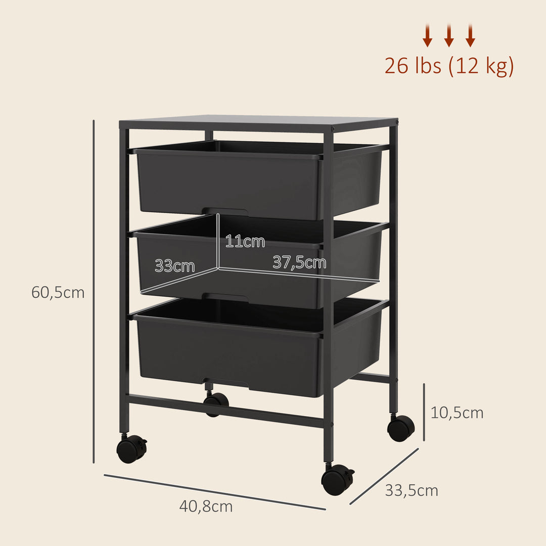 Sidebord med hjul, 3 kurve til transport og opbevaring, køkkenrulle, 40,8L x 33,5B x 60,5H cm, sort