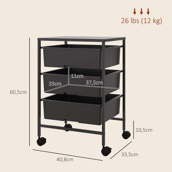 Sidebord med hjul, 3 kurve til transport og opbevaring, køkkenrulle, 40,8L x 33,5B x 60,5H cm, sort