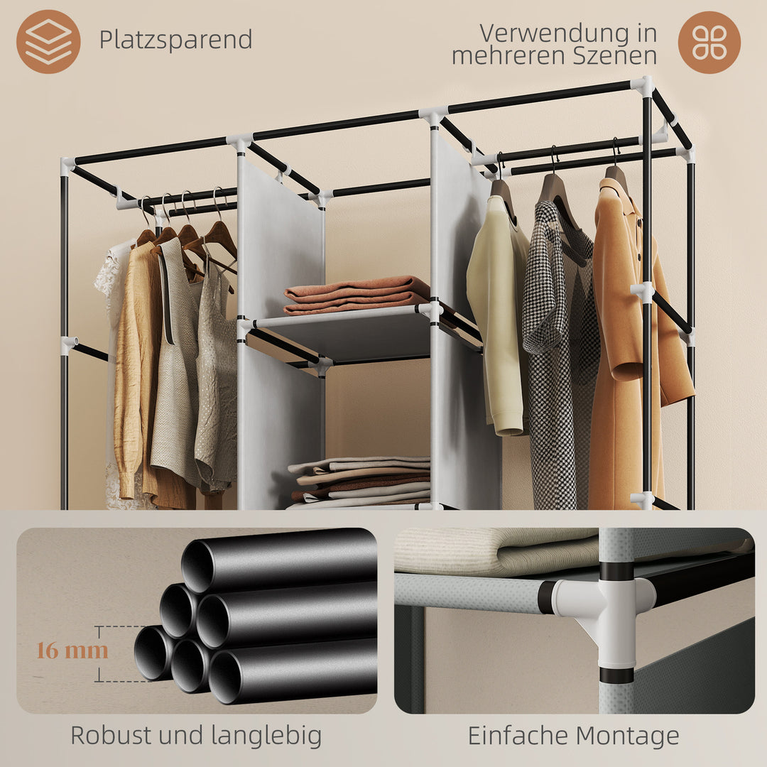 Stofgarderobe, opbevaringsløsning, 8 hylder, 2 garderobestativer, grå