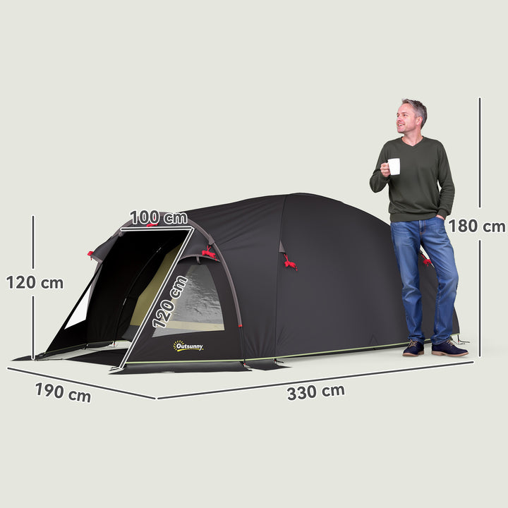 Let og stabilt 2-personers campingtelt med UV 50+ beskyttelse, tunneltelt med markise, sidedør og vindue, sort
